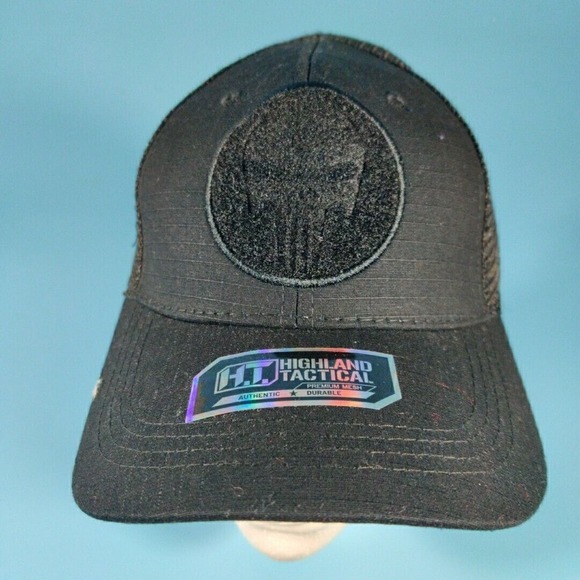 Highland Tactical Hat Mens Adjustable Black‎ Mesh Trucker Cap The Punisher Patch - Picture 1 of 5